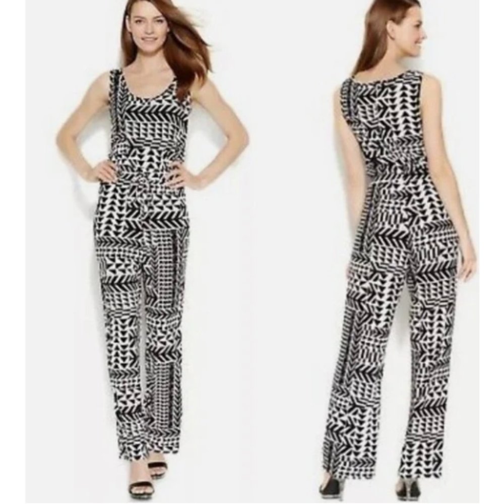 Calvin Klein Black/White Geometric Pattern Wide Leg Pant Tank Jumper Size 4